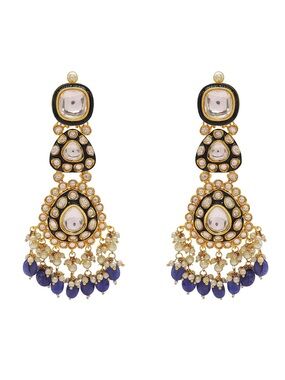 Gold and Blue Kundan Drop Earrings - Women Jewelry